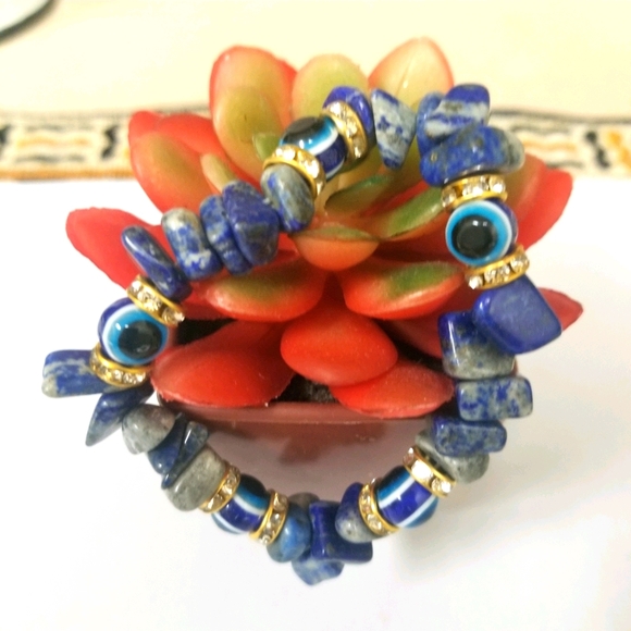 Evil Eye Natural Blue Stone beaded Bracelet with gold Rhinestone  New - Picture 3 of 7
